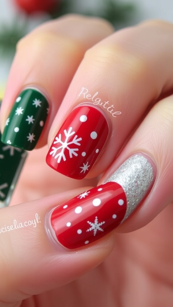 Elegant Green and Red Christmas Nail Art Elegant Christmas nail art with green and red polish, featuring snowflakes and glitter.